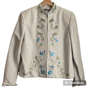 Kate Hill Blazer Womens Size 14 Floral Embroidered Linen Blend Lined Jacket NEW
